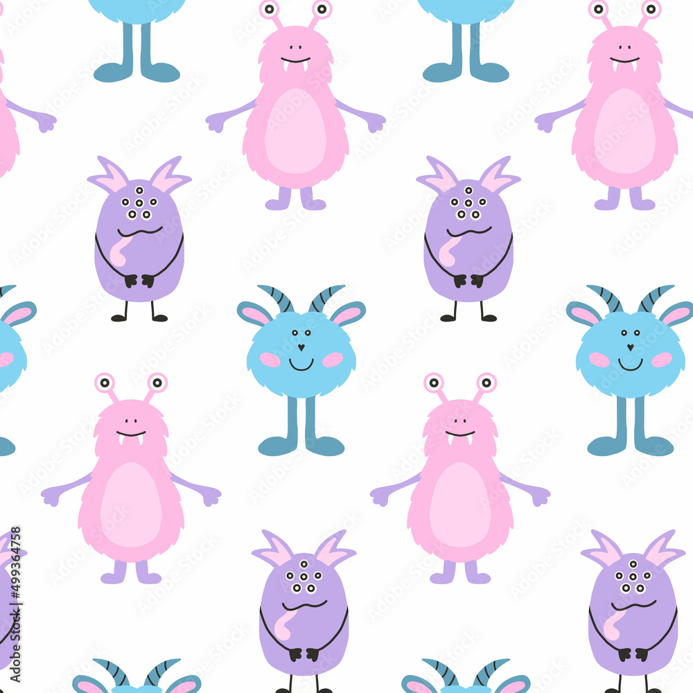 Monster Halloween seamless pattern. Cute cartoon characters in simple hand-drawn Scandinavian style. Vector childish funny doodle illustration. Baby clothes, textiles, fabric, wallpaper,paper Monster Halloween seamless pattern. Cute cartoon characters in simple hand-drawn Scandinavian style. Vector childish funny doodle illustration. Baby clothes, textiles, fabric, wallpaper,paper