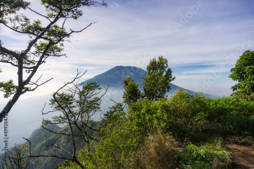 View peak of a mountain with grass and trees foreground and cloudy weather condition. The mountain named Mount Merbabu. This view taken from peak of Mount Telomoyo, Central Java, Indonesia