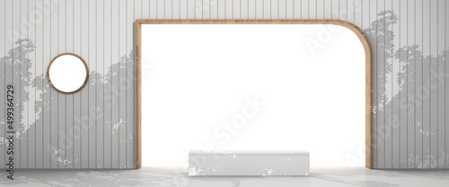 3d rendering white wall with round signage, entrance with wooden frame.