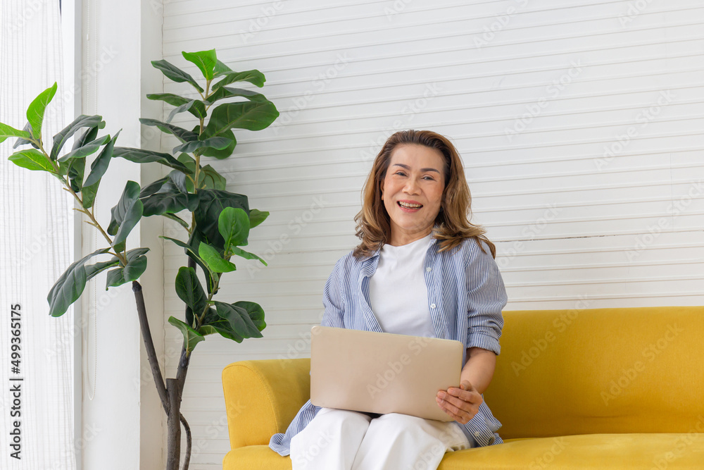 Happy mature woman with laptop computer in living room. Woman while using laptop at home Happy mature woman with laptop computer in living room. Woman while using laptop at home