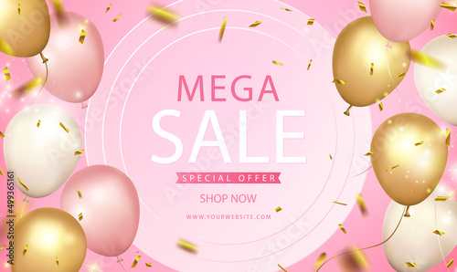 Festive Sale banner design with frame, pink, gold and white balloons, falling confetti on rosy background. Mega sale. For promotion marketing, web and print design, anniversary, birthday, party.Vector