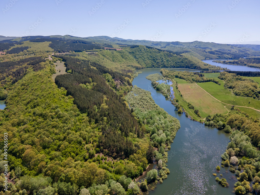 Naklejka premium Aerial spring view of Topolnitsa Reservoir, Bulgaria