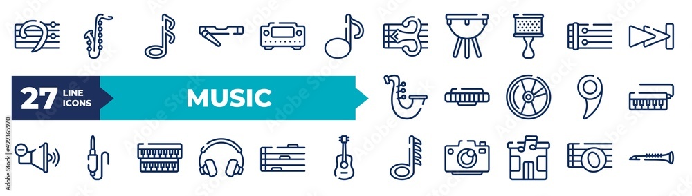 set of thin line music icons. outline icons such as bass clef, amplifier,  cabasa, harmonica, low volume speaker, half rest, photo camera, music  store, clarinet vector collection. Stock Vector | Adobe Stock