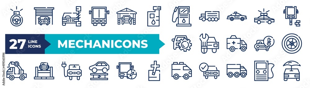 set of thin line mechanicons icons. outline icons such as police car ...