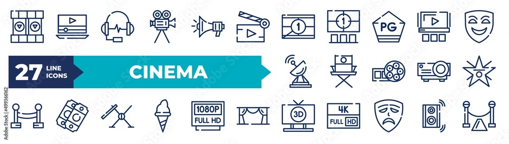 set of thin line cinema icons. outline icons such as film reel playing ...