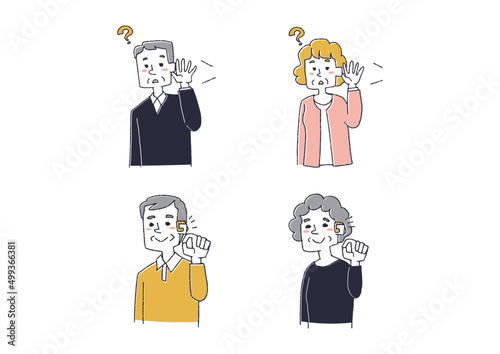 補聴器に関する人物のイラストセット　コミカルな手書きの人物　ベクター、線画にカラー