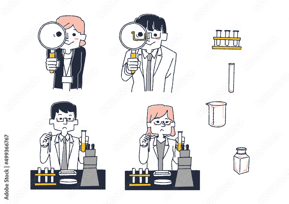 研究職に関するイラストセット コミカルな手書きの人物 ベクター、線画にカラー 研究職に関するイラストセット コミカルな手書きの人物 ベクター、線画にカラー
