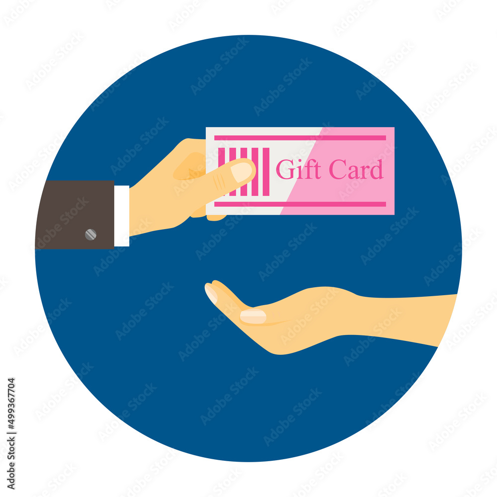 Logo of Businessman's hand holding gift card giving to customer's hand. Gift card icon vector Logo of Businessman's hand holding gift card giving to customer's hand. Gift card icon vector
