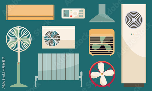 Heating, Ventilation and Air conditionig. Vector illustration of ventilator equipment. Isolated cartoon set of air fan system.