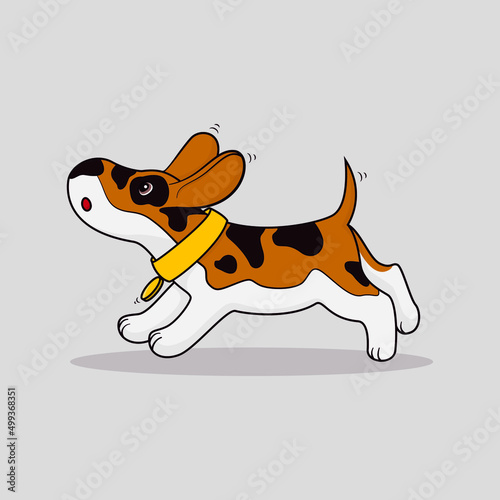 Running cute spotted puppy in a yellow collar. Vector illustration for your design.