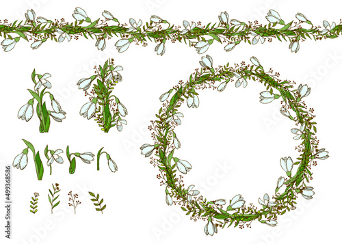 Set with snowdrops and herbs. Hand Drawn flowers for invitation, wedding or postcard. EPS 10 vector illustration.