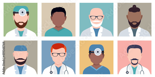 doctor, nurse. portraits of male multiethnic characters.