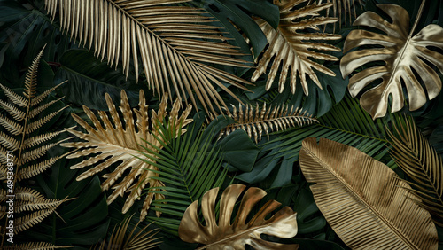 Creative nature gold and green background. tropical leaf banner or floral jungle pattern concept. © kelvn