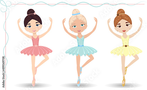 Cute girl ballerina in a dress with a bun on her head. Vector set with 3 ballerines