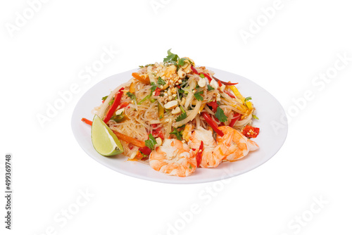 Stir-fried vermicelli with shrimp on white background, Thai food 