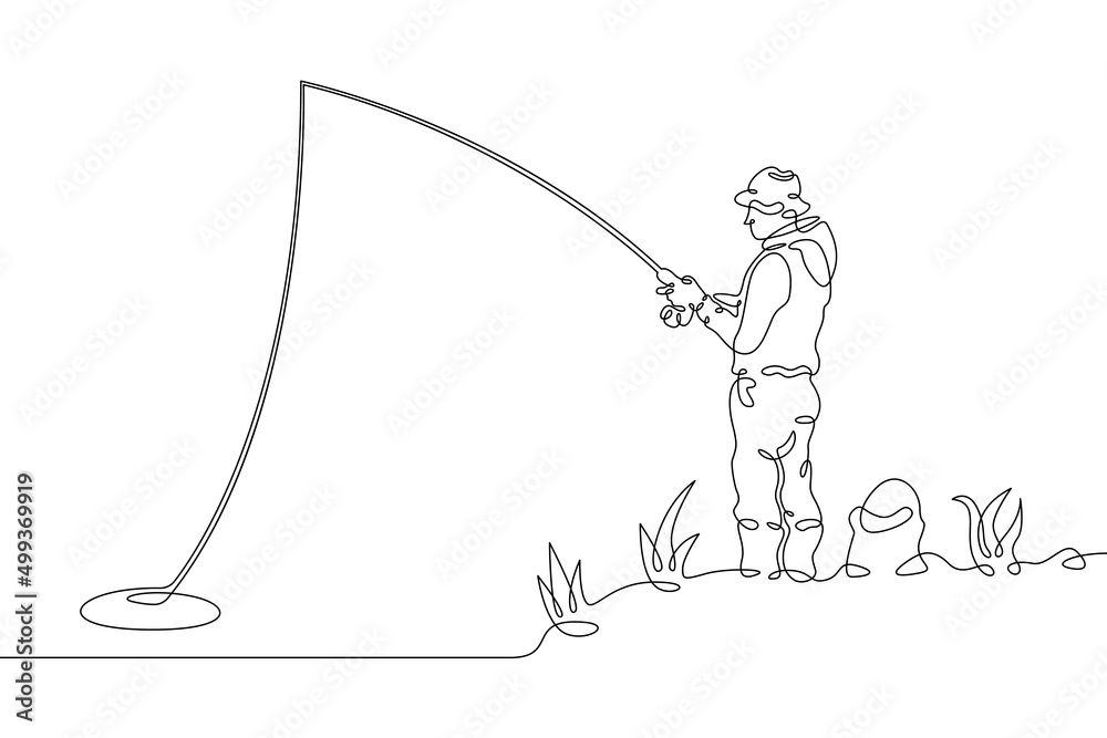 One continuous line.Fisherman on the river bank. Fisherman with a