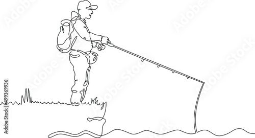 One continuous line.Fisherman on the river bank. Fisherman with a fishing rod.Fishing on the river. Fishing with spinning. One continuous line drawn isolated, white background. photo
