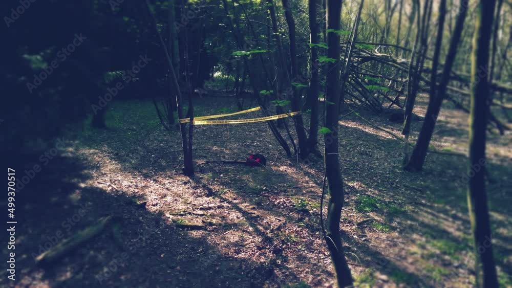 Crime scene in the woods filmed by a drone. Missing person's bag. Dead body found in the woods and evidences Crime scene in the woods filmed by a drone. Missing person's bag. Dead body found in the woods and evidences