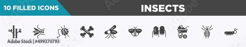 set of 10 filled insects icons. editable glyph icons such as bamboo, gadfly, wool, bones, mosquito, moth, nails, louse vectors.