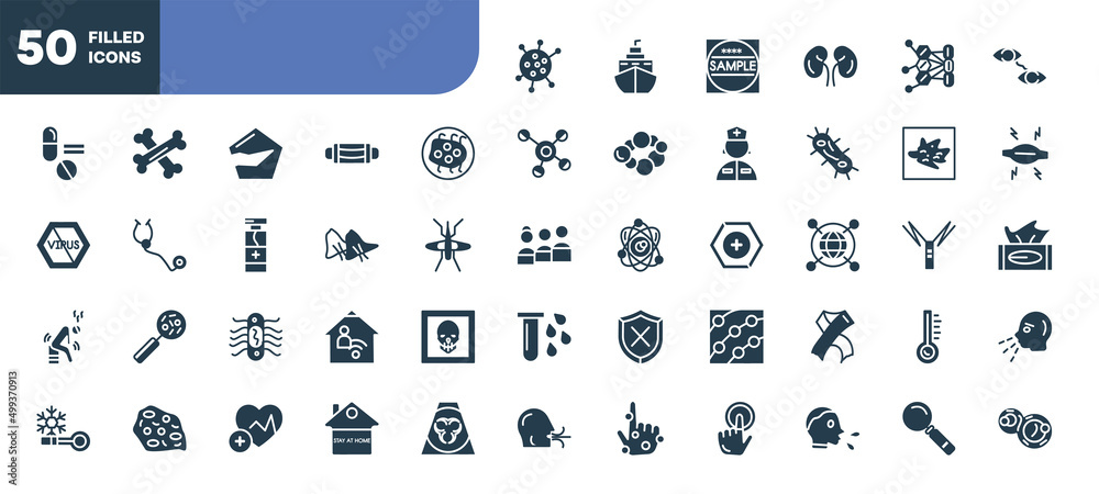 set of 50 filled icons. editable glyph icons collection such as flu, influenza, smallpox, e coli, dermatitis, stay at home, magnifying glass vector illustration. set of 50 filled icons. editable glyph icons collection such as flu, influenza, smallpox, e coli, dermatitis, stay at home, magnifying glass vector illustration.