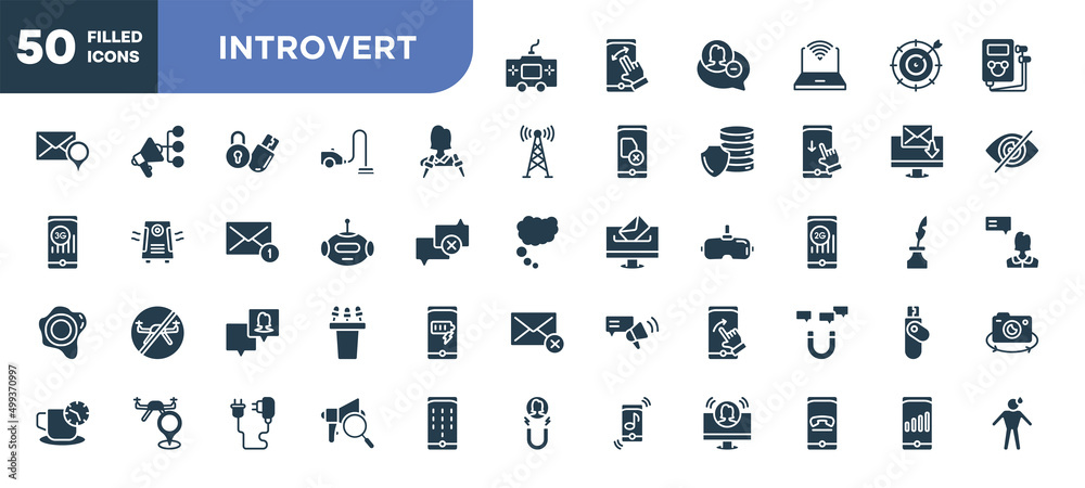 set of 50 filled introvert icons. editable glyph icons collection such as console, journalist, bot, followers, swipe right, expertise, high vector illustration. set of 50 filled introvert icons. editable glyph icons collection such as console, journalist, bot, followers, swipe right, expertise, high vector illustration.