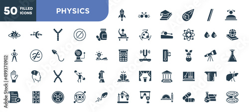 set of 50 filled physics icons. editable glyph icons collection such as rocket launch, medicines, alarm bell, chromosomes, academy, gyroscope, science book vector illustration.