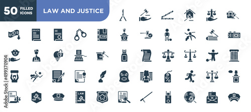 set of 50 filled law and justice icons. editable glyph icons collection such as butterfly knife, law book, stenographer, wills and trusts, bargain, constitutional law, crime letter vector