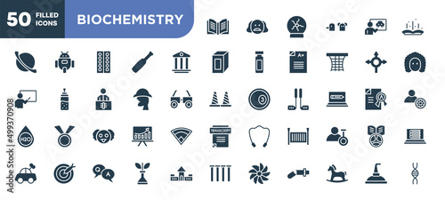 set of 50 filled biochemistry icons. editable glyph icons collection such as yearbook, pillars, sherlock holmes, professor, crib, biological, still vector illustration.