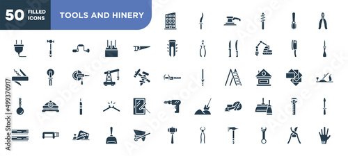 set of 50 filled tools and hinery icons. editable glyph icons collection such as rectangles, , small crane, leather cutter, big saw, dustpan, pruning shears vector illustration.