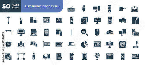 set of 50 filled electronic devices fill icons. editable glyph icons collection such as intosh keyboard, stats on a screen, system unit, three devices connected, css code, display tablet smartphone