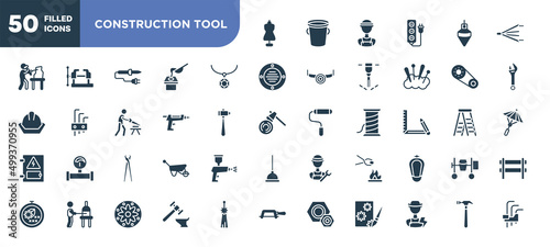 set of 50 filled construction tool icons. editable glyph icons collection such as tailor, rhinestone, glue gun, pincers, furnace, blacksmith, hammering vector illustration.