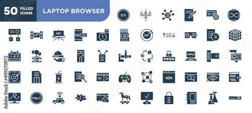 set of 50 filled laptop browser icons. editable glyph icons collection such as operating system, infected folder, computer case, energy drink, error 404, comic, flasks vector illustration.
