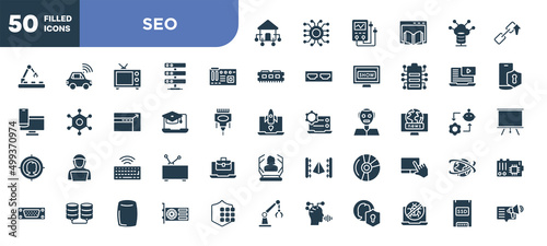 set of 50 filled seo icons. editable glyph icons collection such as domotics, motherboard, online university, wireless keyboard, blu ray, gpu, solid state drive vector illustration.