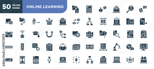 set of 50 filled online learning icons. editable glyph icons collection such as file management, multimedia player, sata, database management, web hosting, connectivity, cyber security vector