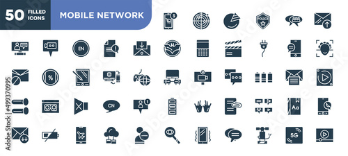 set of 50 filled mobile network icons. editable glyph icons collection such as mobile store, incoming mail, data sharing, silence, attached file, cloud service, 5g vector illustration.