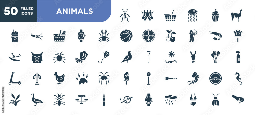 set of 50 filled animals icons. editable glyph icons collection such as water scorpion, stag beetle, mussel, hen, torch, picnic table, cicada vector illustration. set of 50 filled animals icons. editable glyph icons collection such as water scorpion, stag beetle, mussel, hen, torch, picnic table, cicada vector illustration.