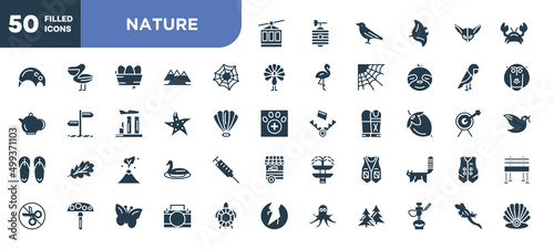 set of 50 filled nature icons. editable glyph icons collection such as cable car, spider web, starfish, volcano, vest, animal aid, lizard vector illustration.