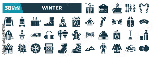 winter glyph icons set. editable filled icons such as ski lift, turtleneck sweater, christmas day, snow goggle, snowshoes, winter shovel, logs, winter clothes vector illustration