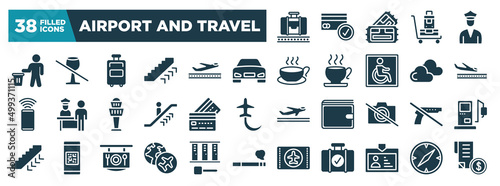 airport and travel glyph icons set. editable filled icons such as baggage claim, use bin, front car, plane landing, simple credit card, no guns, travelling globe, pass card vector illustration