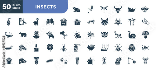 set of 50 filled insects icons. editable glyph icons collection such as frog, veterinary, anal gland expression, nail polish, hoof, centipede, branch vector illustration.