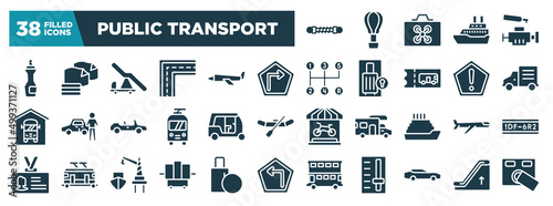 public transport glyph icons set. editable filled icons such as damper, insect repellent, right, mini truck, tuc tuc, airplane, x-ray, sportive car vector illustration