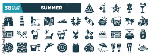 summer glyph icons set. editable filled icons such as slice of melon, swimming trunks, wreath, ice cream van, sand bucket, funicular, dolphin on water waves, fins vector illustration