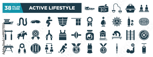 active lifestyle glyph icons set. editable filled icons such as soccer boots, fishing boat, offside, hockey arena, tanktop, trellis, substitution, fitness watch vector illustration