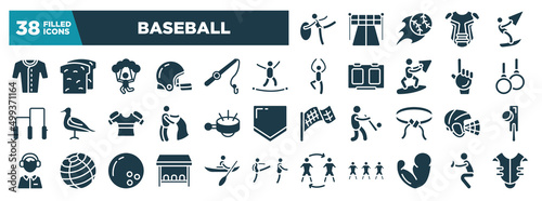 baseball glyph icons set. editable filled icons such as rhythmic gymnastics, baseball jersey, highlining, gymnastic rings, ringer, hockey helmet, team bench, muscles vector illustration