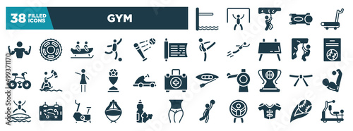 gym glyph icons set. editable filled icons such as diving board, bodybuilder, sacred scriptures, baseball card, go kart, black belt, asian hat, protections vector illustration