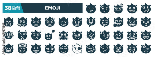 emoji glyph icons set. editable filled icons such as disappointed emoji, disgusted emoji, muted hushed happy with steam from e, headache surprise vector illustration