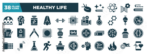 healthy life glyph icons set. editable filled icons such as organ, life insurance, microprocessor, embryo, antique, fee, physical, flammable vector illustration