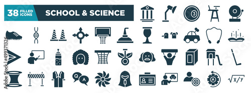 school & science glyph icons set. editable filled icons such as pillars, football boots, still, tale, basketball gear, children park, qa, engeneering vector illustration