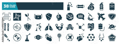 glyph icons set. editable filled icons such as disinfectant, scan, fever, protected, pneumonia, blood bag, mask, isolation vector illustration
