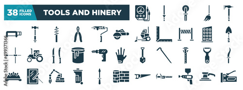tools and hinery glyph icons set. editable filled icons such as electric gauge, hacksaw with handle, electric saw, garden trowel, perforator, peeler, dumpster, spray gun vector illustration
